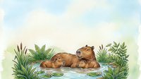 Watercolor capybara family relaxing in a peaceful pond surrounded by lush green plants, reeds, and lily pads, soft pastel background.