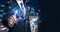 Businessman touching digital justice scales hologram interface representing legal technology and law firm innovation in modern city environment.