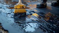 Paint brush with yellow bristles applying black paint on reflective surface with artistic orange splashes and dramatic lighting for creative industrial background.
