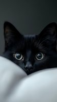 Close-up portrait of black cat with bright blue eyes peeking over white bedding, creating mysterious and enchanting mood against dark background.