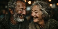 Joyful elderly couple laughing together with warm bokeh lights in background. Senior man and woman sharing happy moment, expressing love and companionship in golden hour.