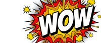 Comic book style WOW explosion burst with red and yellow colors on white background. Pop art speech bubble with dynamic action lines and stars.