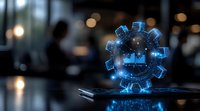 Glowing blue holographic gear wheel with industrial cityscape inside floating over digital device, symbolizing smart manufacturing and automation technology.