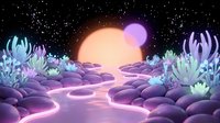Alien planet landscape with glowing plants and cosmic sky. Fantasy extraterrestrial world with purple terrain, luminous flora under starry space background.