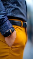 Close-up view of stylish menswear detail showing navy textured blazer sleeve with smartwatch, black leather belt against vibrant yellow pants with pocket detail.