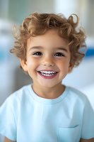 Joyful mixed-race child-shirt smiles brightly at camera showing white teeth against soft blurred background.