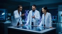 Three diverse medical researchers in white lab coats analyzing holographic DNA double helix structure on futuristic digital table in modern laboratory setting.