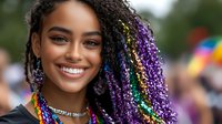 Young African American woman with vibrant purple, rainbow-colored curly hair extensions smiling confidently at pride celebration, wearing colorful jewelry and festive makeup.