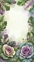 Ornamental cabbage and kale frame with purple, green, and cream tones on cream background. Isolated botanical border design suitable for invitations, greeting cards, posters, and digital projects.