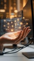 Hand holding glowing network visualization with interconnected nodes and data icons, representing digital connectivity, cloud computing, and business technology solutions.