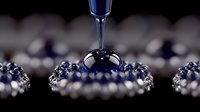 Elegant wine glass with crystal stem creating water droplets and bubbles on reflective surface with bokeh lighting effects for luxury dining concepts.