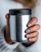 Female hand holding metallic reusable coffee cup with water drops condensation against blurred background, showcasing eco-friendly lifestyle and modern design.
