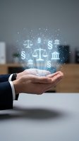 Businessman hand holding glowing legal icons with scales of justice, dollar signs and courthouse symbols representing law firm services and financial consulting.