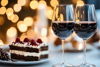 Red wine glasses with chocolate cake slice and festive bokeh lights, suitable for holiday celebrations, fine dining menus, wine tasting promotions, and gourmet food photography.