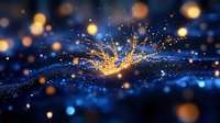 Glowing golden light burst with sparkling particles on dark blue background, magical energy explosion effect with bokeh and light dots for festive design.