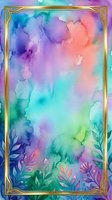 Watercolor gradient background with soft blending of blue, purple, pink, and green hues, framed by ornate gold border with botanical foliage elements. Suitable for invitations, cards, and creative design projects.