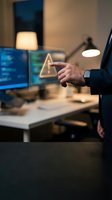 Businessman touching holographic warning alert icon in modern office environment with computer screens and ambient lighting for cybersecurity concepts.