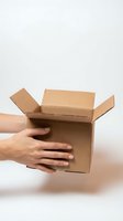 Hands holding open brown cardboard shipping box on white background for delivery and packaging concepts.