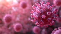 Pink coronavirus cell microscopic view with detailed spike proteins on blurred background showing multiple virus particles. Medical science visualization for healthcare education.
