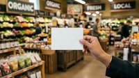 Person holding blank white card in grocery store with organic produce displays and signage in background, suitable for advertising, marketing campaigns, and retail promotions.