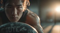 Determined Asian female boxer with sweat and intense focus during training session in gym with dramatic lighting and athletic equipment.