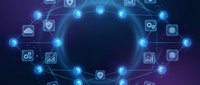 Digital network circle with glowing nodes and business icons on dark blue purple gradient background for technology presentations and corporate designs.