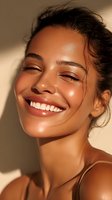 Young mixed-race woman with radiant glowing skin and bright white smile in warm golden sunlight for skincare and beauty advertising campaigns.