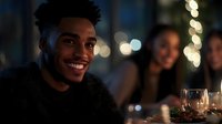 Young man with dark skin and black hair smiling at camera during evening social gathering with friends and drinks, suitable for lifestyle and social content.