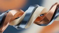 Abstract flowing ribbons in copper, cream and blue tones creating dynamic waves against soft gradient background for modern design projects.