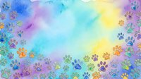 Watercolor gradient background with colorful paw prints scattered across, transitioning from blue, purple, pink, yellow and green tones. Suitable for pet-related designs, animal lovers' projects and creative backgrounds.