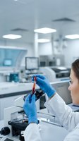 Female scientist examining blood sample in test tube wearing blue gloves in modern laboratory with microscope and medical equipment for research analysis.