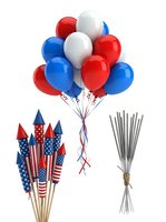 Isolated red, white and blue balloons with patriotic fireworks and metallic sparklers on transparent background, ready for holiday designs, celebrations and festive graphics.