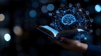 Digital brain network hologram emerging from smartphone in hand with glowing neural connections and data visualization against dark bokeh background.