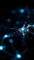 Glowing blue network connections with light dots and lines forming abstract neural pattern on dark background, representing artificial intelligence technology.