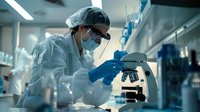 Asian female scientist in protective gear examining specimen under microscope in modern laboratory setting for medical research and analysis.