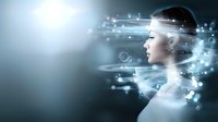 Young Asian woman profile dissolving into digital particles with glowing light effects and bokeh on blue background, representing artificial intelligence and technology advancement.