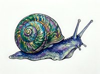 Colorful garden snail with spiral shell in blue, green, and purple tones, isolated on white background, suitable for nature illustrations, educational materials, and design projects.
