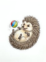 Playful hedgehog juggling colorful ball, isolated on white background. Charming hand-drawn illustration suitable for children's books, nursery decor, apparel design, and educational materials.