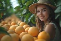 Young Caucasian woman in straw hat smiling among fresh oranges in citrus orchard during harvest season.