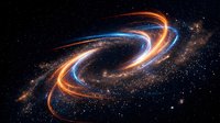 Spiral galaxy with glowing orange and blue light trails swirling through cosmic space filled with stars and nebula dust particles against dark universe background.