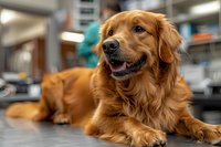 Happy golden retriever dog lying on floor at veterinary clinic, showing friendly expression with open mouth smile and relaxed posture during checkup.