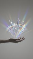 Open hand holding crystal arrows with rainbow light rays bursting upward against gray background symbolizing growth direction and success.