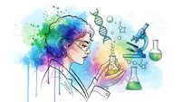 Female scientist in lab coat examining test tube with colorful watercolor splash background and laboratory equipment for research and discovery concepts.