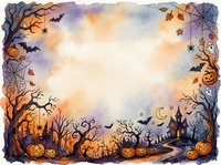 Halloween watercolor frame with pumpkins, bats, spiders and haunted house on transparent background for seasonal designs and decorations.