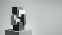 Abstract geometric sculpture with stacked cubes in black, white and gray tones on minimalist pedestal for modern art and design concepts.