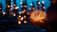 Magical glowing light particles floating above hands against dark blue background with bokeh lights creating dreamy atmospheric scene.