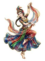 Illustrated female dancer in traditional ornate costume with colorful flowing fabrics, jewelry, and headdress performing classical dance pose. Isolated clipart suitable for design projects.