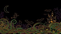 Halloween night scene with ornate decorative border featuring haunted castle, flying witch, bats, pumpkins, skulls and crescent moon on black background.