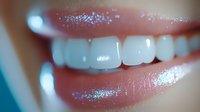 Close up view of healthy white teeth and glossy pink lips with natural shine against turquoise background, showing bright smile and oral care results.