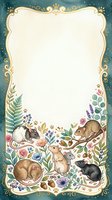 Ornate vintage frame with sleeping woodland animals and botanical elements on textured background for invitations and greeting cards.